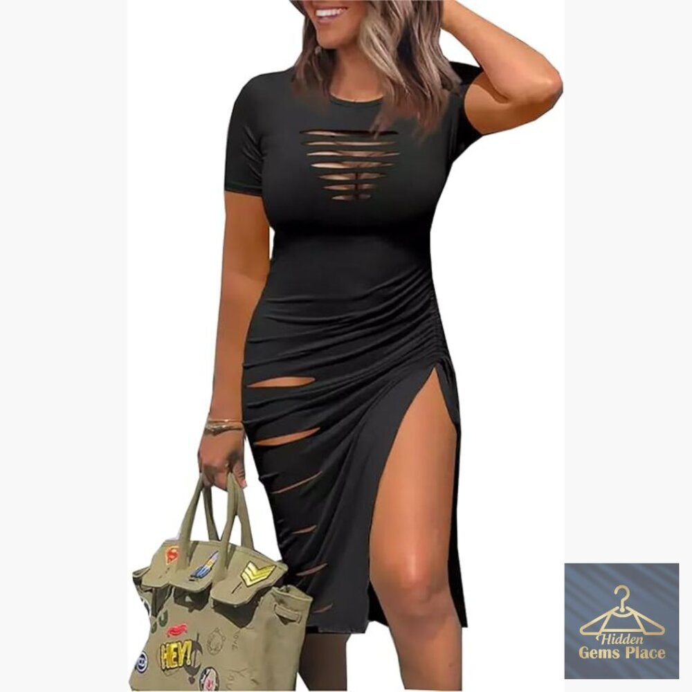Cut Out Ruched Bodycon Dress with Side Slit and Drawstring